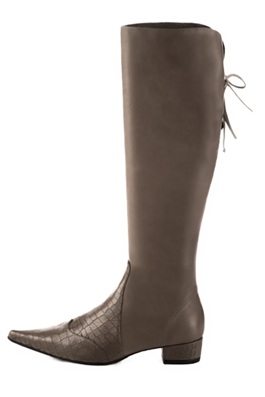 Taupe brown women's knee-high boots, with laces at the back. Pointed toe. Low block heels. Made to measure. Profile view - Florence KOOIJMAN